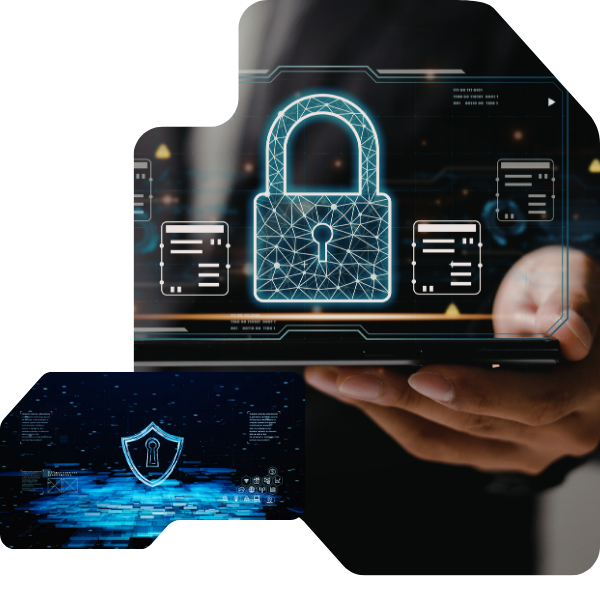 A digital padlock hologram hovers above a hand, signifying cybersecurity