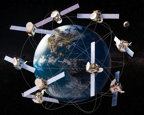 A group of satellites orbiting Earth, connected by lines, illustrating a network in space.
