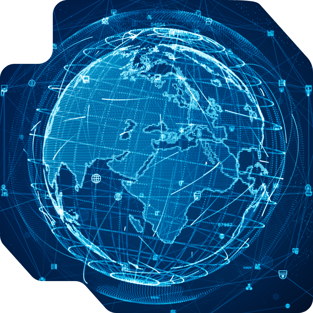 Digital blue globe with interconnected lines and symbols, displaying network and connectivity themes